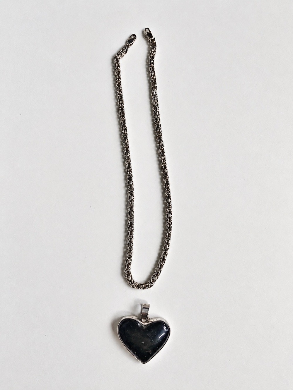 Black Onyx Heart Pendant Necklace – 925 Sterling Silver Italian Byzantine Chain